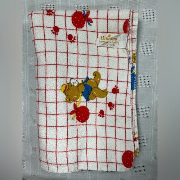 Vintage Dundee Baby Receiving Blanket Teddy Bear Grid Print 39x26 USA Cotton - Picture 4 of 11